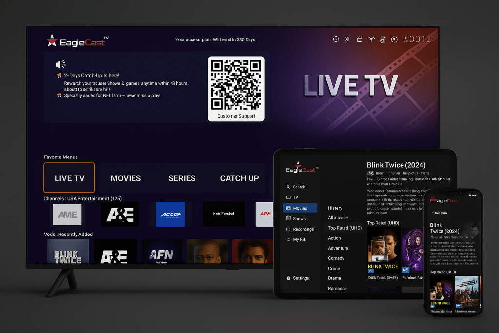Cinewy IPTV app interface mockup showing streaming channels